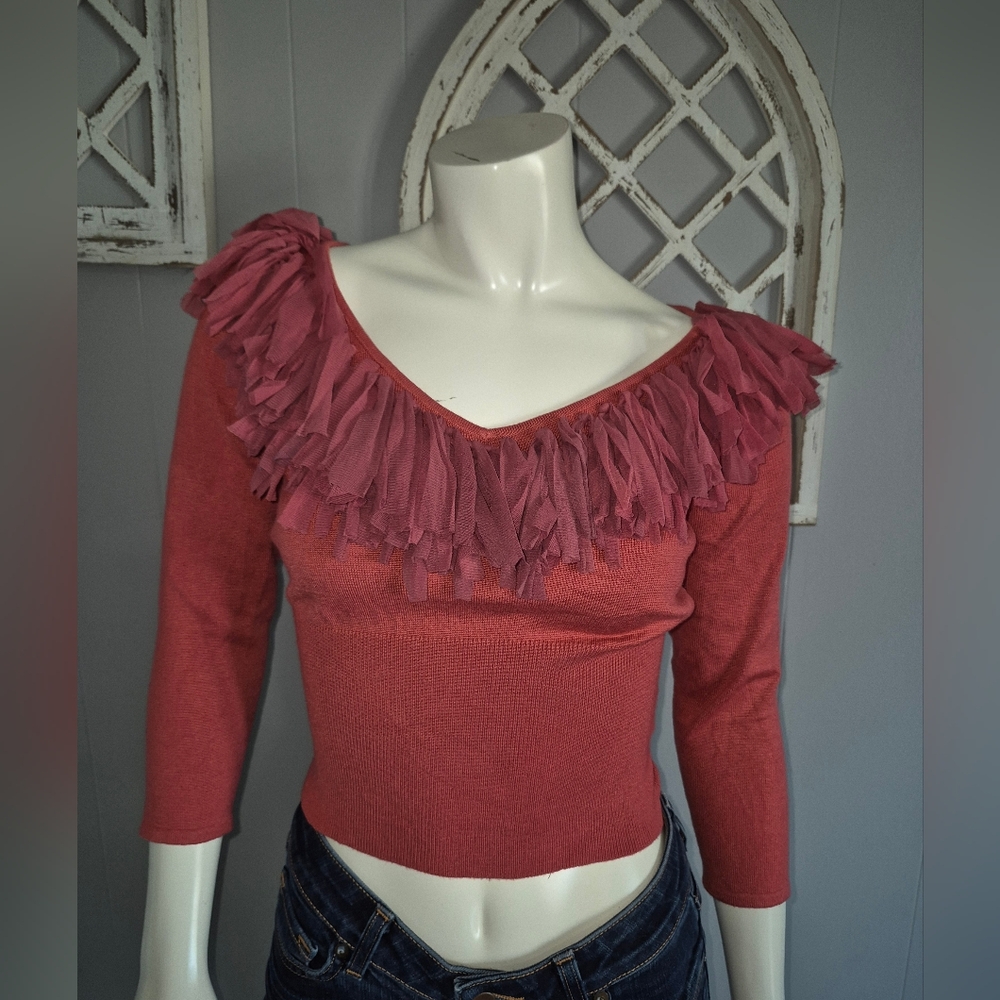 Whimsy By Sydney Easton Fringe Collar Cropped Sweater Size Small